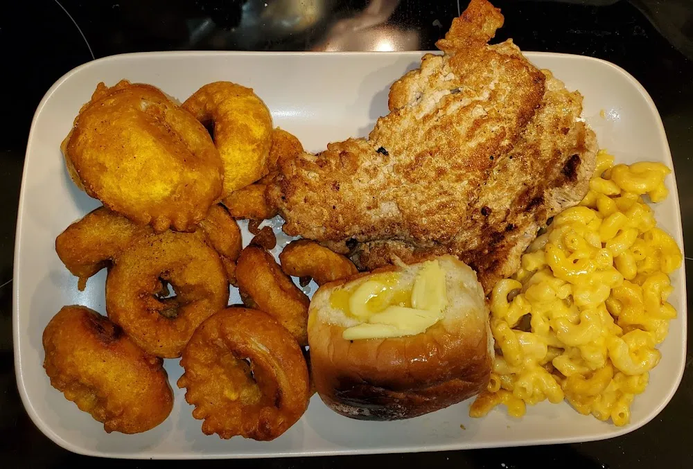 Fried Pork Chops Mac N Cheese Onion Rings Roll